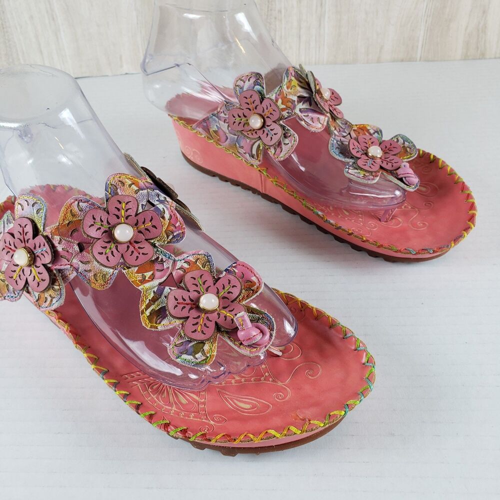 Spring Step L'Artiste Toe Ring Wedge Sandals Size 6.5 Botanical 37 Pink Floral